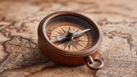 This image features a vintage compass resting on an old world map, symbolizing travel and navigation. Perfect for adventure-themed projects and photography.の素材