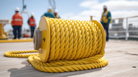 A vibrant yellow rope sits coiled on a dock, showcasing texture and detail, while skilled workers engage in maritime tasks under a bright blue sky.の素材