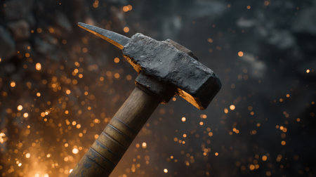 A detailed close-up of a vintage hammer, showcasing its rugged texture against a blurred backdrop of flying sparks and warm embers that convey industrial strength.の素材