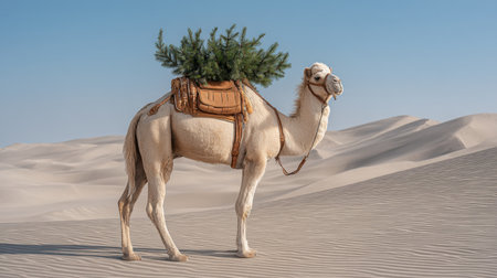A unique camel stands in stunning sandy dunes, adorned with a Christmas tree on its saddle, creating an unusual fusion of holiday spirit and desert beauty.の素材