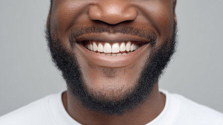 A cheerful man displays a warm and inviting smile, showcasing his bright white teeth. This portrait captures positivity and charm in a professional studio setting.の素材