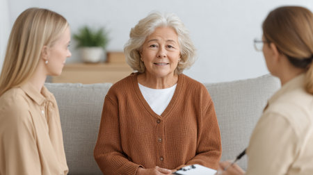 A warm and engaging therapy session featuring an elderly woman smiling and interacting with caring counselors in a bright modern setting, emphasizing support and understanding.の素材