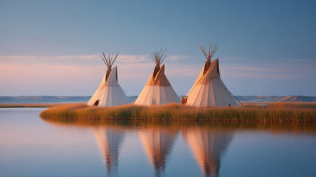 A tranquil scene featuring traditional teepees at twilight, beautifully reflected in calm waters. The soft pastel hues of the sky create a serene atmosphere.の素材