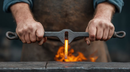 A skilled blacksmith expertly holds glowing iron with tongs over an open flame, highlighting the artistry and dedication involved in traditional metalworking craftsmanship.の素材