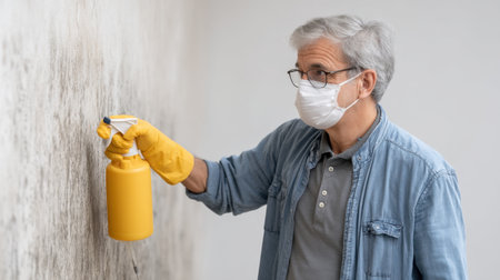 A person wearing a safety mask and gloves uses a sprayer to treat a wall for mold in an indoor setting, showcasing essential precautions during cleaning.の素材