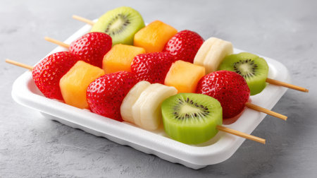Delight in a beautiful arrangement of vibrant fruit skewers presented on a foam tray. This healthy treat features strawberries, kiwi, banana, melon, and honeydew, perfect for any occasion.の素材