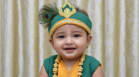 A delightful portrait of a charming child dressed in traditional Krishna attire, complete with a peacock feather, radiating joy and innocence with a bright smile.の素材