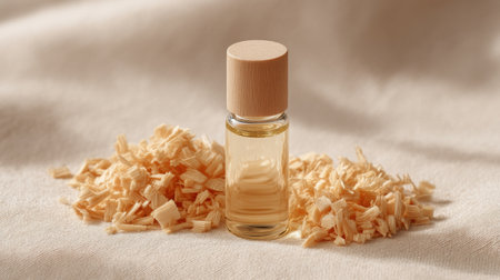 A clear glass vial of essential oil is elegantly placed on soft fabric, surrounded by fragrant wood shavings, creating an inviting atmosphere perfect for wellness and aromatherapy.の素材