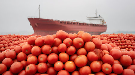 A cargo ship looms in the background, surrounded by a massive pile of fresh tomatoes, highlighting the intersection of agriculture and maritime transport in a bustling port.の素材