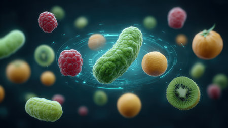 This dynamic image showcases bacteria mingling with fruits in a vibrant digital realm, highlighting the intricate relationship between microbiology and nature's bounty.の素材