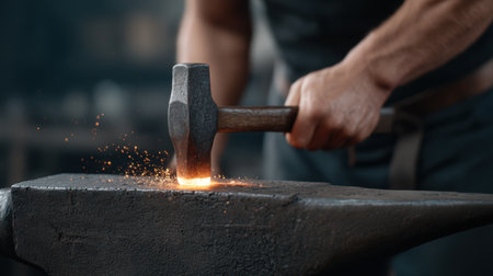 Witness the art of metal forging as an artisan passionately shapes glowing metal with a hammer on an anvil, creating sparks in a dynamic workshop environment.の素材