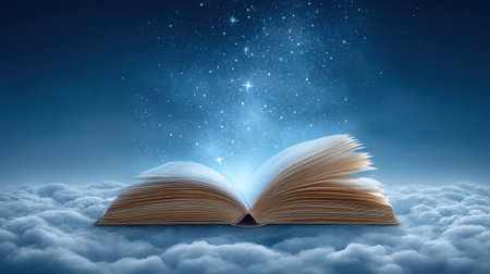 An enchanting scene of an open book floating above soft clouds, emitting light into a cosmic sky filled with stars, creating a magical and inspiring atmosphere.の素材