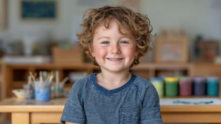 A joyful young boy is painting at an art table, surrounded by colorful supplies in a bright classroom. His joyful expression captures the essence of creativity and fun.の素材