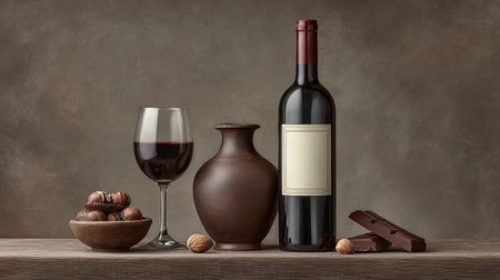 Capture the essence of a romantic evening with this gourmet arrangement featuring wine, chocolate, and nuts, perfect for an intimate setting and delightful taste experience.の素材