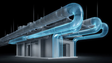 Digital representation of an industrial facility featuring piping systems and elevators, ideal for engineering, architecture, and technology applications, showcasing modern design concepts.の素材