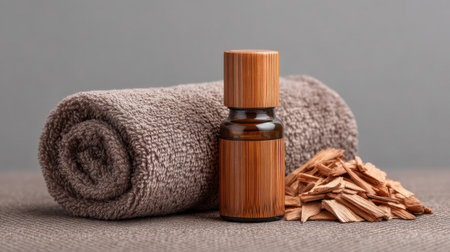Explore a serene arrangement of scented wood chips and amber essential oil beside a brown towel, perfect for enhancing relaxation and creating a tranquil atmosphere.の素材