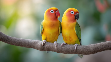 Two vibrant, colorful tropical birds sit closely together on a branch, showcasing their beautiful feathers in a serene, lush green setting, embodying companionship and tranquility.の素材