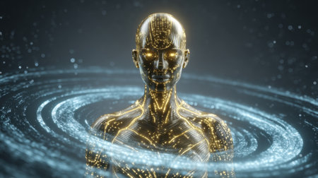 This captivating image features a futuristic human form enveloped in luminous energy swirls, symbolizing the fusion of technology and human creativity in a digital universe.の素材