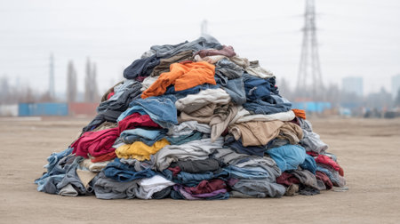 A striking visual of a large pile of unwanted garments in an open area, symbolizing the pressing issues of fashion waste and environmental impact in society today.の素材