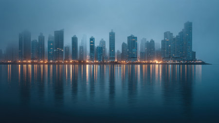 A serene view of a misty skyline showcasing glass towers reflected in calm waters at twilight. The fog creates a tranquil urban landscape, highlighting the beauty of city architecture.の素材
