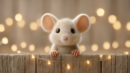 Adorable mouse illuminated by soft fairy lights, peeking over rustic wood, creates a whimsical and charming atmosphere perfect for seasonal or nature-themed projects.の素材
