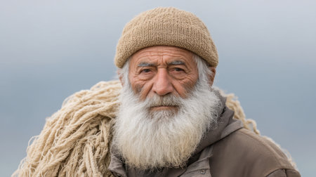 This striking image features an elderly fisherman holding a worn net, embodying deep traditions and resilience of maritime life against a serene backdrop.の素材
