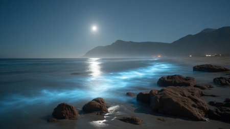 Experience the enchanting beauty of a mystical ocean night, where glowing bioluminescence dances along the shore under a magical moonlit sky.の素材