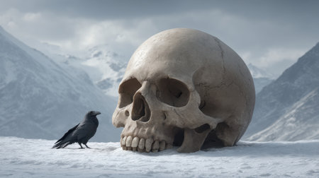 A breathtaking wilderness scene showcasing a large skull beside a raven, set against a snowy mountain backdrop under dramatic lighting. Captures the essence of solitude and symbolism.の素材