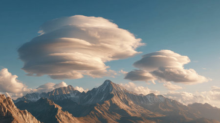 Experience the awe of a breathtaking mountain landscape adorned with floating lenticular clouds under a vibrant sky. A perfect scene for nature lovers and travelers.の素材