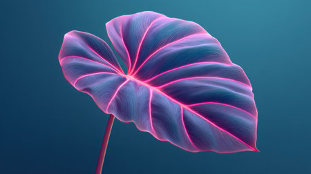 A stunning glowing tropical leaf showcasing vibrant pink and cyan hues, perfect for artistic and nature-themed projects. Evokes a serene and modern atmosphere.の素材