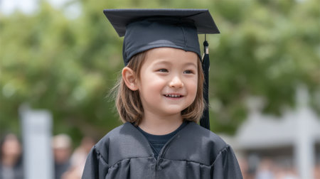 A joyful young student wearing a graduation cap and gown smiles at a kindergarten ceremony, radiating happiness amidst family and friends in a bright outdoor setting.の素材