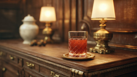 A refined cocktail sits elegantly on a wooden table adorned with vintage decor. Soft ambient lighting creates a cozy atmosphere, perfect for relaxation and enjoyment.の素材