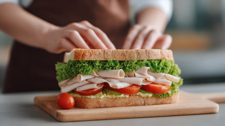 Experience the art of sandwich making with this delicious turkey sandwich layered with fresh vegetables, perfect for a nutritious meal in any kitchen setting.の素材