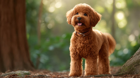 An enchanting portrait of a brown poodle standing in a sunlit forest, surrounded by tall trees and vibrant greenery, showcasing its fluffy coat and playful demeanor.の素材