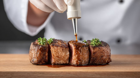 A professional chef demonstrates the technique of injecting rich sauce evenly into juicy meat, enhancing flavor and presentation for a gourmet dining experience.の素材