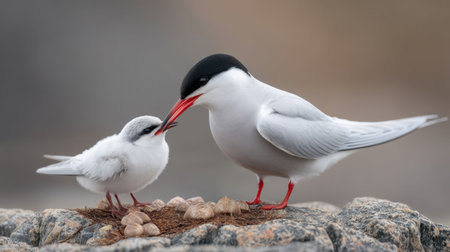 A heartwarming scene depicting an adult tern nurturing its young chick amidst rugged terrain, showcasing parental care and the beauty of wildlife.の素材