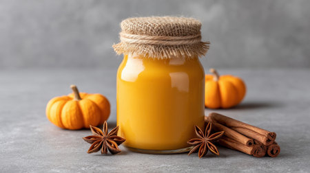 This image features a jar of vibrant pumpkin puree, beautifully styled with star anise, cinnamon sticks, and decorative mini pumpkins, perfect for autumn cooking inspiration.の素材