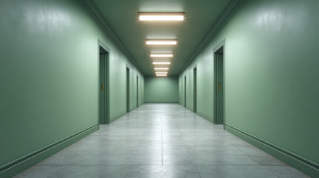 This captivating image showcases a spacious hallway with glowing lights and soothing green walls, highlighting modern architectural design and inviting ambiance.の素材