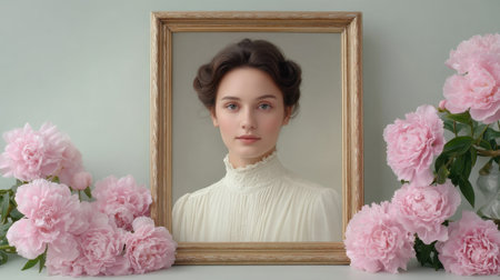 This enchanting portrait features a young woman framed by beautiful peonies, embodying elegance and femininity, perfect for romantic and artistic decor.の素材
