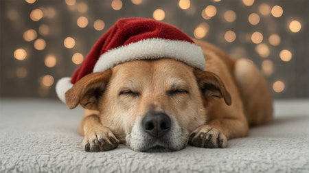 An adorable dog in a Santa hat rests peacefully, surrounded by soft glowing lights, creating a warm and festive atmosphere perfect for holiday moments.の素材