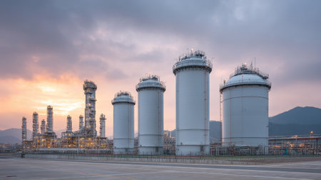 A stunning view of an industrial natural gas plant at sunset, showcasing towering storage tanks and modern infrastructure against a vibrant sky. Ideal for energy concepts.の素材