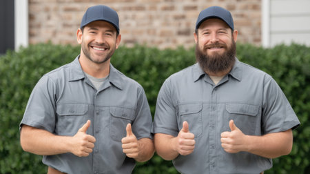 Two skilled air conditioning repairmen stand outside a home, smiling and giving thumbs up, showcasing their commitment to quality service and customer satisfaction.の素材
