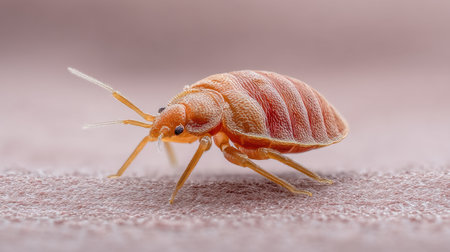 This macro photograph captures a bed bug displaying a fresh bite mark on fabric, showcasing intricate details of its skin and features for entomological study and awareness.の素材