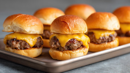 An enticing image of cheeseburger sliders arranged on a metal tray, showcasing their soft buns and melted cheese, perfect for gatherings or meal inspiration.の素材