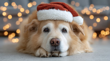 A gentle golden retriever dons a festive Santa hat, resting its head on its paws, surrounded by the warm glow of Christmas lights, embodying holiday cheer and comfort.の素材