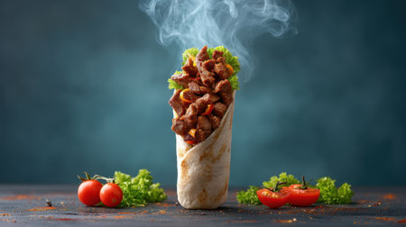 This enticing image features a freshly made Turkish beef shawarma sandwich, wrapped in soft bread, surrounded by vibrant vegetables and wafts of aromatic smoke.の素材