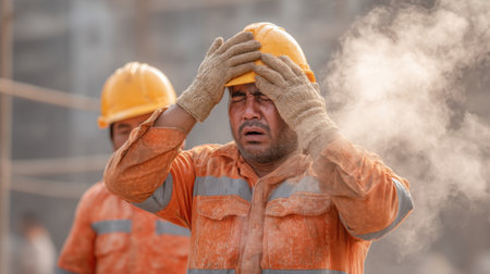 This realistic image portrays construction workers struggling under intense heat at a job site, highlighting the challenges and dedication of manual labor in the industry.の素材