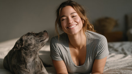 A joyful young woman stretches with her dog in a cozy indoor setting, embodying happiness and warmth in the serene morning light, creating a heartwarming scene.の素材