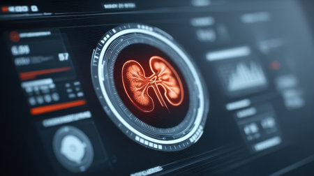 A sleek, advanced digital interface showcasing detailed kidney health information and diagnostic metrics for innovative healthcare technology applications.の素材