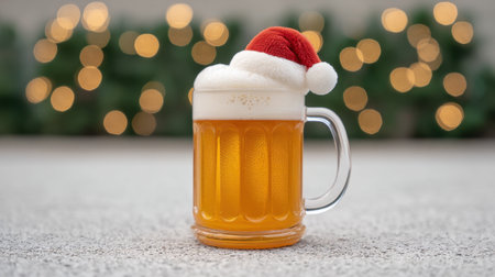 A festive beer mug topped with golden foam and adorned with a Santa hat, creating a joyful atmosphere for holiday celebrations and gatherings. Perfect for seasonal cheer.の素材